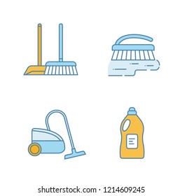 Cleaning service color icons set. Scoop and sweeping brush, vacuum cleaner, scrub brush, cleaning product. Isolated vector illustrations