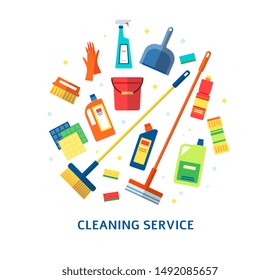 Cleaning service color logo or branding element with housekeeping cleaning tools and products placed in a circle the flat vector illustration isolated on white background.