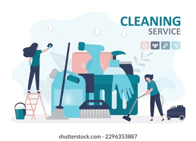 Cleaning service or company, concept. Housekeeping, women workers with cleaning tools. Woman team doing housework. Professional occupation. Janitor washing floor and furniture. vector illustration