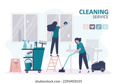 Cleaning service or company, concept. Office cleaning, women workers with cleaning tools. Team doing housework. Professional occupation. Janitor washing windows and furniture. flat vector illustration