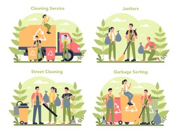 Cleaning Service Or Company Concept Set. Cleaning Staff With Special Equipment. Janitor Workers Cleaning Street And Sorting Garbage. Isolated Flat Vector Illustration