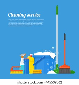 Cleaning service company concept vector illustration. House Cleaning tools poster design in flat style.