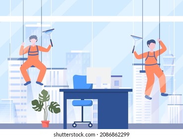 Cleaning Service Company flat Design Illustration. People Clean Wall Windows or Sweeping the Whole Room with a tool for Background, Banner and Poster
