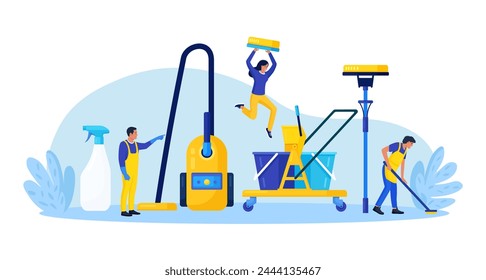 Cleaning service or company. Janitors in uniform with mop and bucket of cleaning agent. Characters dusting, mopping floor and tidying up. Professional hygiene service for domestic households