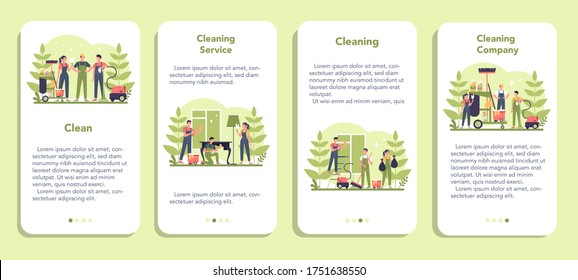 Cleaning service or company mobile application banner set. Collection of woman and man doing housework. Professional occupation. Janitor washing floor and furniture. Isolated vector illustration