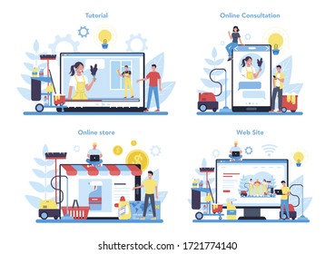 Cleaning service or company online service or platform set. Collection of woman and man doing housework. Online store, consultation or video tutorial. Isolated vector illustration in cartoon style