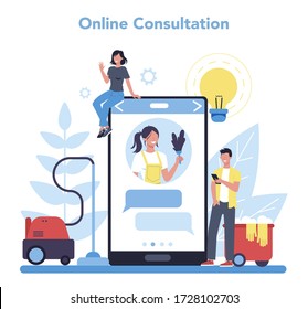 Cleaning service or company online service or platform. Collection of woman and man doing housework. Online consultation. Isolated vector illustration in cartoon style