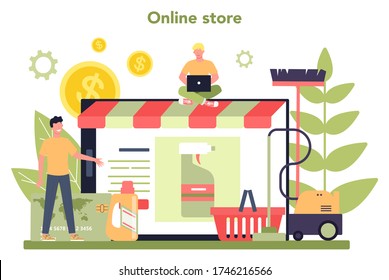 Cleaning service or company online service or platform. Woman and man doing housework. Online store. Isolated vector illustration in cartoon style