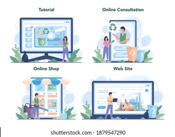 Cleaning service or company online service or platform set. Janitor workers cleaning street and sorting garbage. Online tutorial, consultation, shop, website. Isolated flat vector illustration