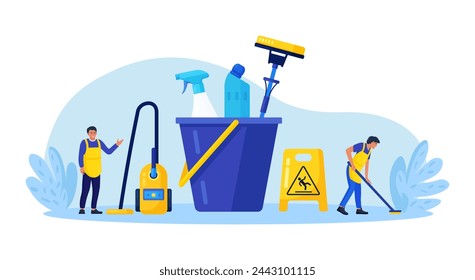 Cleaning service or company. People doing housework. Janitor in uniform washing floor. Professional hygiene service for domestic households. Sanitary chemical products for laundry, floor, toilet