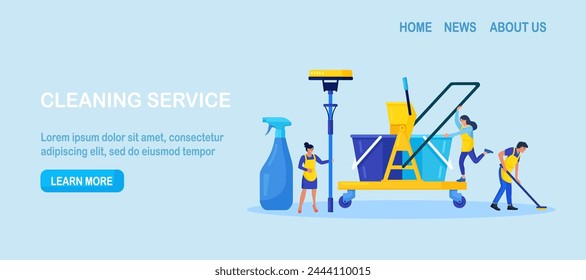 Cleaning service or company. People doing housework. Janitor in uniform washing floor. Professional hygiene service for domestic households. Sanitary chemical products for laundry, floor, toilet