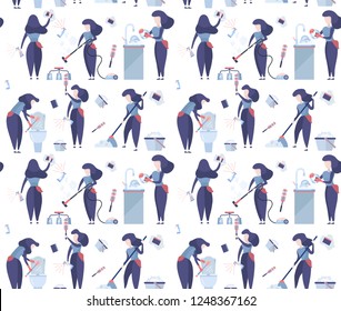 Cleaning service company seamless pattern. House cleaning women character. Vector illustration flat design.