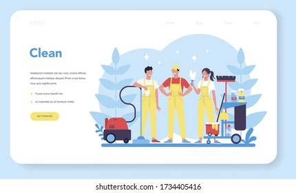 Cleaning service or company web banner or landing page. Woman and man doing housework. Professional occupation. Janitor washing floor and furniture. Isolated vector illustration