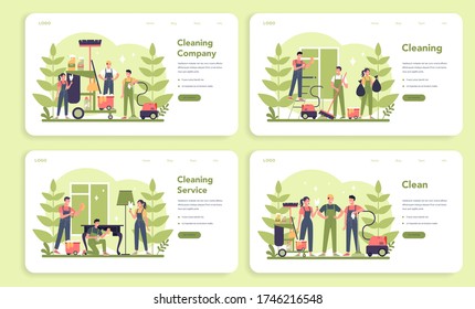 Cleaning service or company web banner or landing page set. Collection of woman and man doing housework. Professional occupation. Janitor washing floor and furniture. Isolated vector illustration