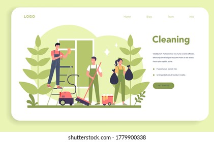 Cleaning service or company web banner or landing page. Woman and man doing housework. Professional occupation. Janitor washing floor and furniture. Isolated vector illustration