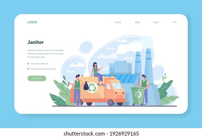 Cleaning service or company web banner or landing page. Cleaning staff with special equipment. Janitor workers cleaning street and sorting garbage. Isolated flat vector illustration