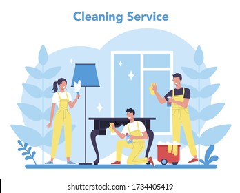 Servicio de limpieza o empresa. Mujer y hombre haciendo tareas domésticas. Ocupación profesional. Suelo de lavabo y mobiliario. Ilustración vectorial aislada en estilo de dibujos animados