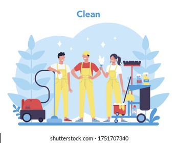 Cleaning service or company. Woman and man doing housework. Professional occupation. Janitor washing floor and furniture. Isolated vector illustration in cartoon style