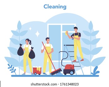 Cleaning service or company. Woman and man doing housework. Professional occupation. Janitor washing floor and furniture. Isolated vector illustration in cartoon style