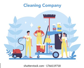Cleaning service or company. Woman and man doing housework. Professional occupation. Janitor washing floor and furniture. Isolated vector illustration in cartoon style