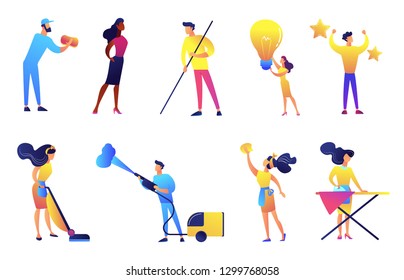 Cleaning service company workers and cleaners vector illustrations set. Cleaning company staff, professional cleaning services concept. Vector illustrations set isolated on white background.