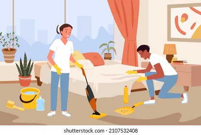 Cleaning service, complex cleanup and housework by team of professional workers vector illustration. Cartoon maid holding vacuum cleaner, man and woman in gloves clean floor of bedroom background