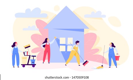 Cleaning service concept banner. People in uniform doing housework. Professional occupation. Janitor washing floor. Isolated vector illustration in cartoon style