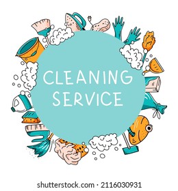 Cleaning service concept. Banner template of isolated hand drawn home and office cleaning items. Vector doodle illustration