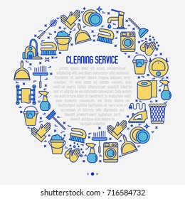 Cleaning service concept in circle with thin line icons: iron, washer, robot vacuum cleaner, brushes and other accessories for household. Vector illustration for banner, web page, print media.