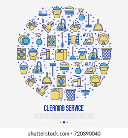 Cleaning service concept in circle with thin line icons: iron, washer, robot vacuum cleaner, brushes and other accessories for household. Vector illustration for banner, web page, print media.
