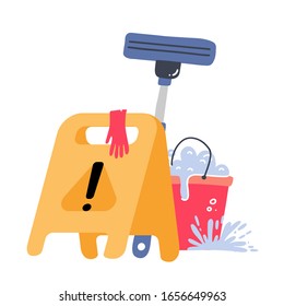 Cleaning service concept. Creative modern web banner - Yellow Caution wet floor sign, plastic red bucket, mop, latex gloves . Vector flat illustration