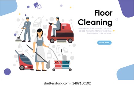 Cleaning service concept design for web banners showing floor, room, equipment and windows cleaning flat design