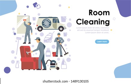 Cleaning service concept design for web banners showing floor, room, equipment and windows cleaning flat design
