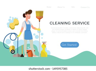 Cleaning service concept design for web page. Woman maid at work. Flat style vector illustration.