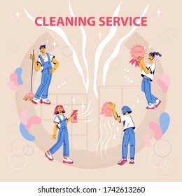 Cleaning service concept design for web banner and infographic with cleaners  women and men at work. Janitors team service for office and home, poster or flyer template. Cartoon vector illustration.

