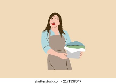 Cleaning service concept, girl in apron and rubber gloves, shows The OK or ring gesture. Cleaning tools - a mop, a sponge for washing, a bucket of water, a spray bottle, and bubble. Health protection