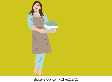 Cleaning service concept, girl in apron and rubber gloves, Cleaning tools - a mop, a sponge for washing, a bucket of water, a spray bottle, and bubble. Health protection