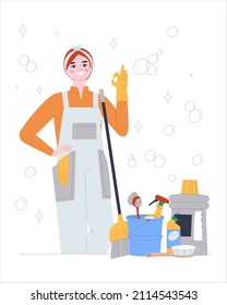 Cleaning service concept. Girl in overalls and rubber gloves. Show OK gesture. Cleaning tools - a broom, a sponge for washing, a bucket of water, products, a spray bottle. Flat vector illustration