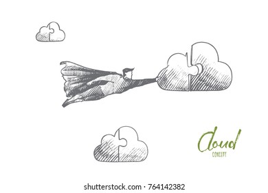 Cleaning service concept. Hand drawn superhero connect to cloud. Flying hero holds part of cloud in his hand isolated vector illustration.