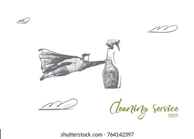 Cleaning service concept. Hand drawn superhero with clean equipment in his hand. Flying hero holds bottle with cleaning spray isolated vector illustration.