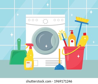 Cleaning service concept. House cleaning products and tools. Detergent and disinfectant products, household equipment and washing machine. Vector illustration.