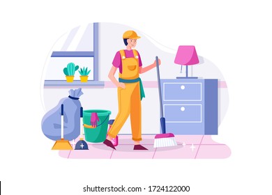 Cleaning service concept illustration. Cleaning man holding broom satisfied with a clean house. 