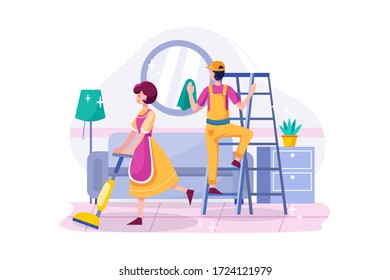 Cleaning service concept illustration. Cleaning team with professional tools tidying up living room .