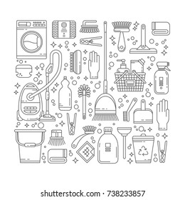Cleaning service concept illustration in thin line design. Icons with elements of household supplies, chemistry. Modern vector pictogram collection for web sites, banner, mobile apps, infographics.