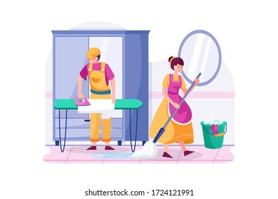 Cleaning service concept illustration. The cleaning workers are on duty. 