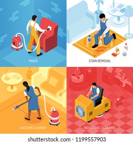 Cleaning service concept isometric set with industrial residential flooring polishing carpets refreshing stains removing isolated vector illustration 