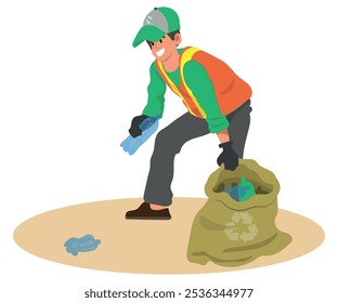 Concepto de servicio de limpieza. El limpiador de calles de personajes masculinos de limpieza recoge basura y basura en el parque de la ciudad de la playa y la coloca en un contenedor de basura aislado sobre fondo blanco. Ilustración vectorial de Personas de dibujos animados.