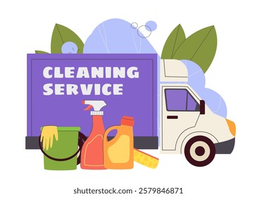 Cleaning service concept. Large detergents, bucket with yellow glove near truck. Cleanliness and hygiene, sanitary. Housekeeping and housework. Flat vector illustration