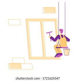 Cleaning Service Concept. Male Character Wearing Overalls Uniform Washing Window with Wiper Hanging on Ropes. Man Professional Employee of Cleaning Company Working Process. Linear Vector Illustration