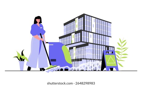 Cleaning service concept for modern web design. People working in cleaning team, woman in uniform with mops, housekeeper washing in office. Flat vector illustration isolated on white background.